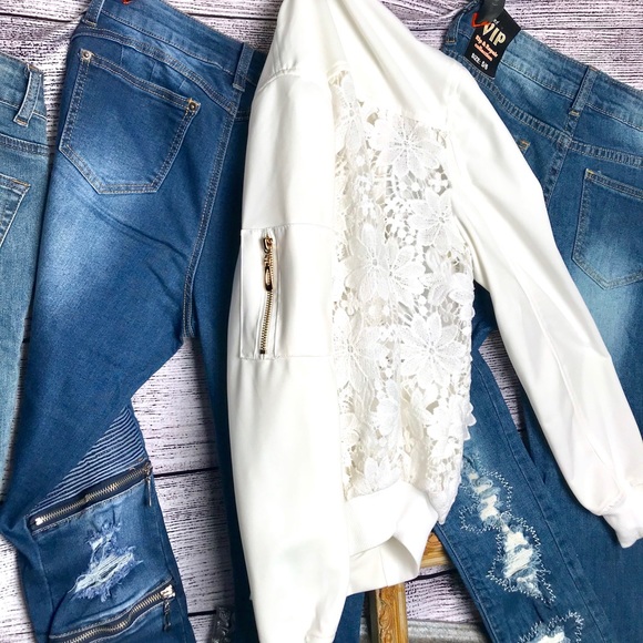 White Flower Open Lace Back Bomber - Picture 6 of 8